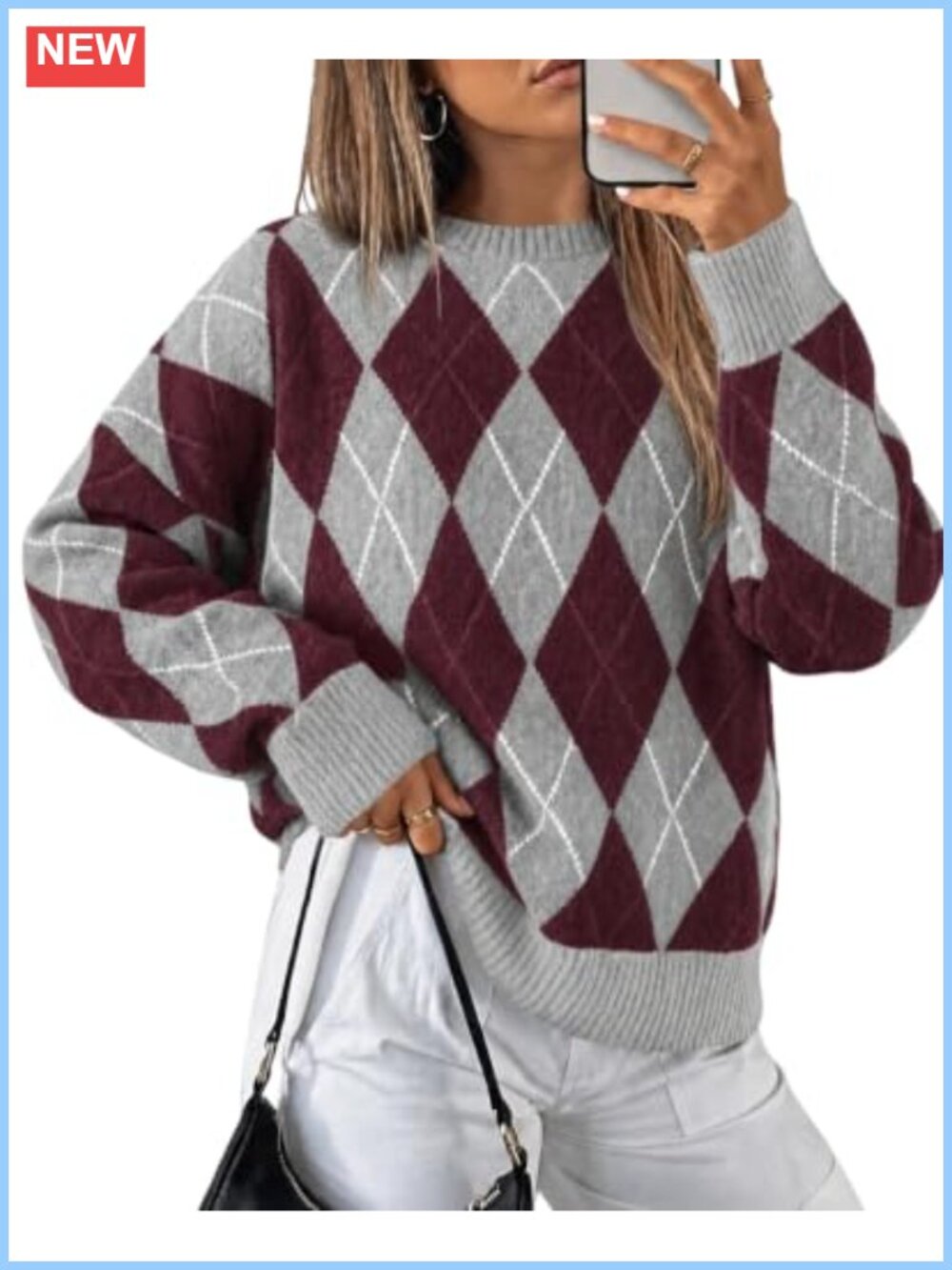 Oversized Argyle Plaid Knit Pullover Sweater Long Sleeve Cozy Fall Top